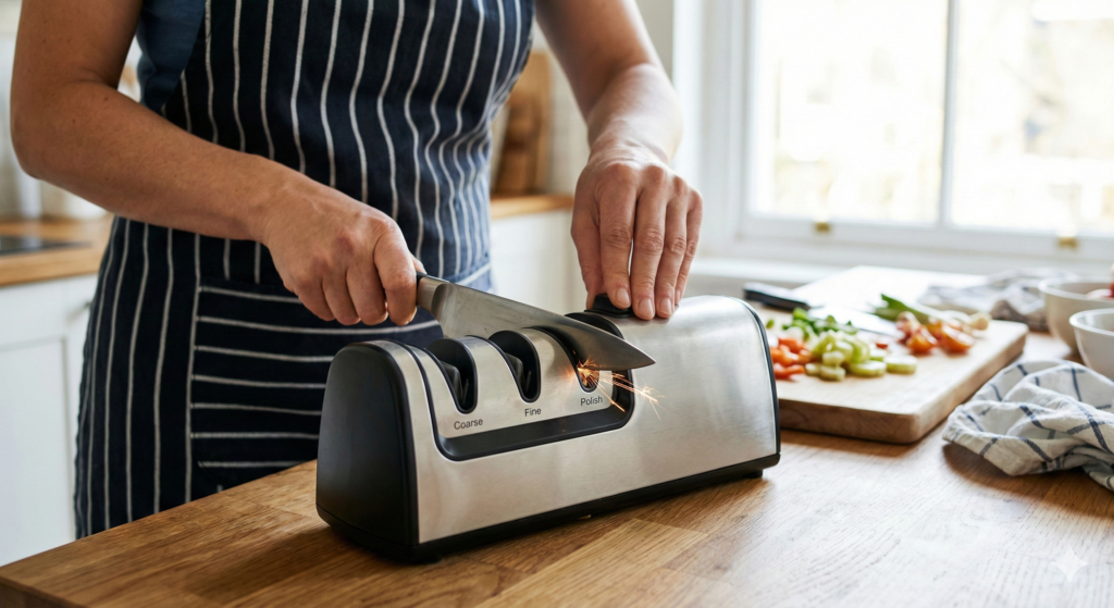 Compact manual knife sharpener for small kitchens