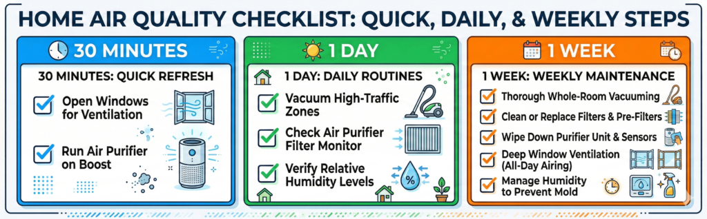 Visual comparison of what each tool solves: particles, odors, moisture, and ventilation