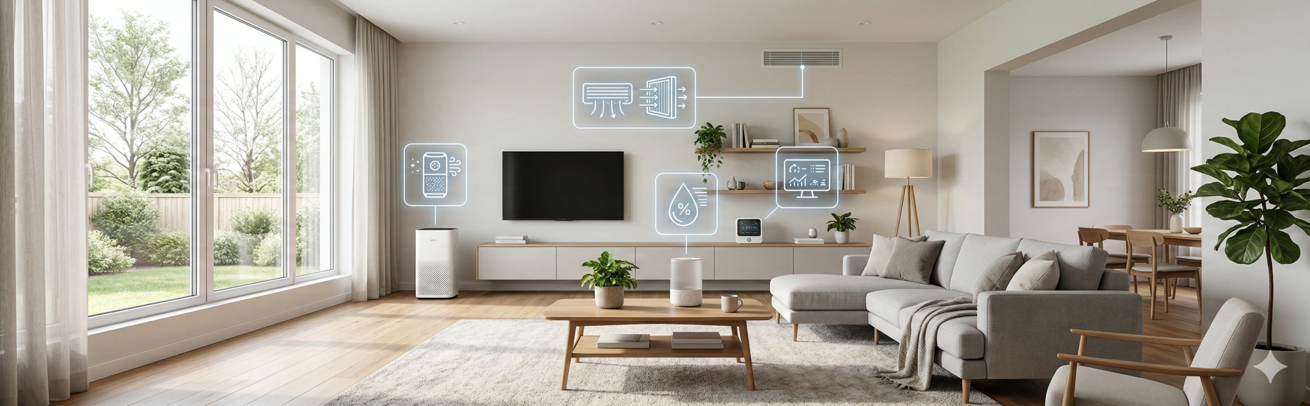 Indoor air quality at home: purifier, HVAC filter, humidity control, and monitor in a clean modern living room